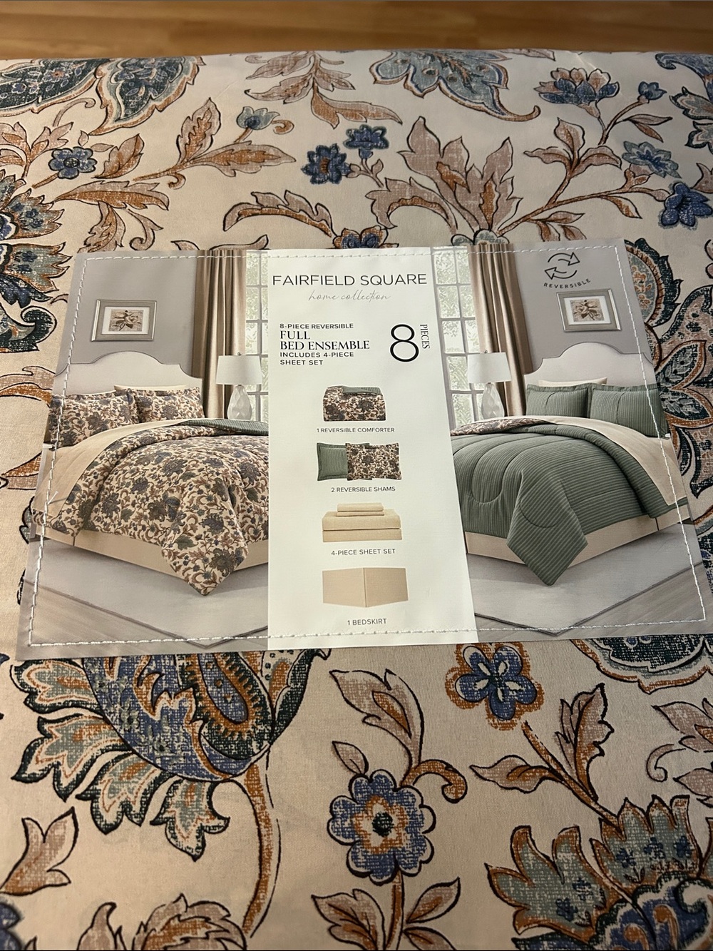 Reversible Floral and Solid Comforter Set - Blue, Tan